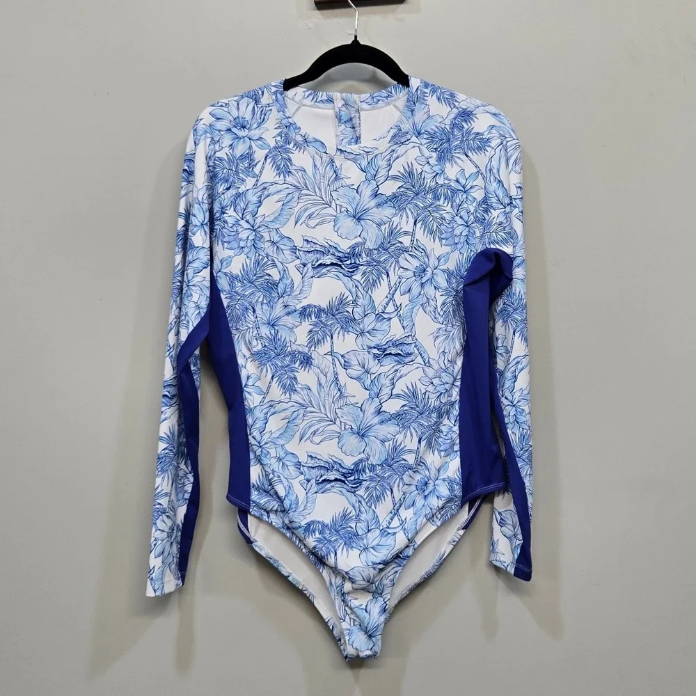 UPF 50 Rash Guard Swimsuit Women 2XL Blue Tropical Floral Long Sleeve One Piece
